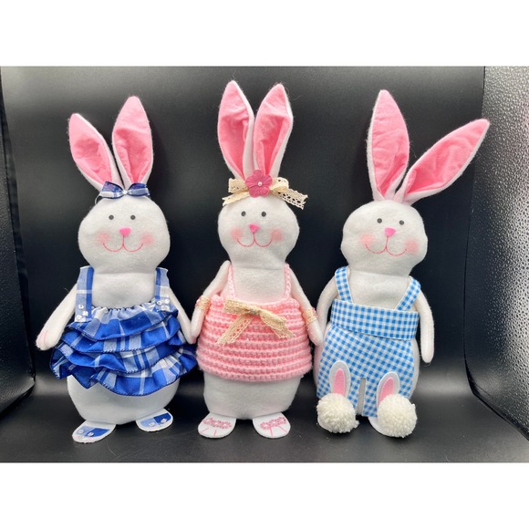 Other - Easter Bunny Plush Trio Set White Rabbit Figurines Blue Pink Plaid Gingham Decor